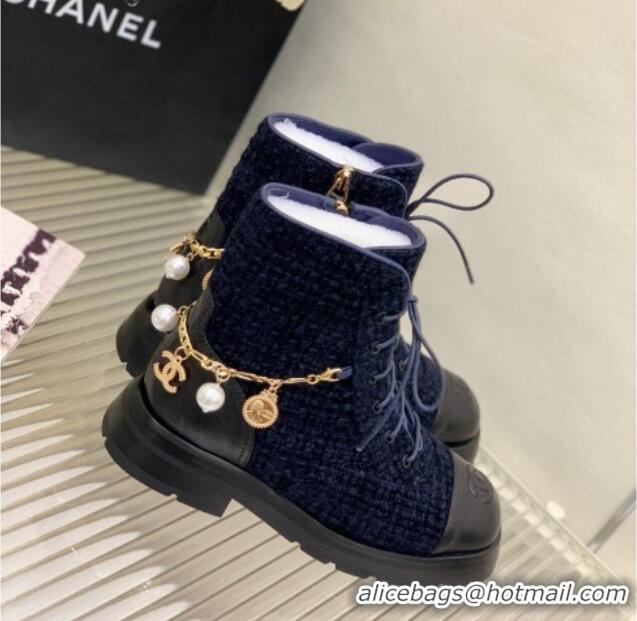 Luxury Chanel Tweed and Calfskin Lace-ups with Chain Charm G39393 Navy Blue