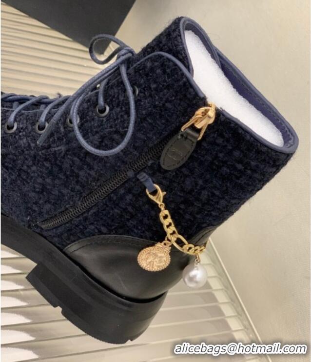 Luxury Chanel Tweed and Calfskin Lace-ups with Chain Charm G39393 Navy Blue