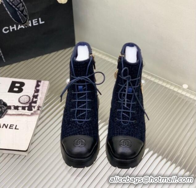 Luxury Chanel Tweed and Calfskin Lace-ups with Chain Charm G39393 Navy Blue