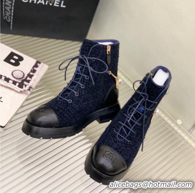 Luxury Chanel Tweed and Calfskin Lace-ups with Chain Charm G39393 Navy Blue