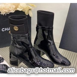 Top Design Chanel Patent Calfskin and Knit Ankle Boots Black 110399