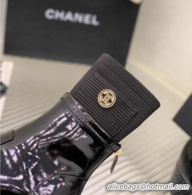 Top Design Chanel Patent Calfskin and Knit Ankle Boots Black 110399