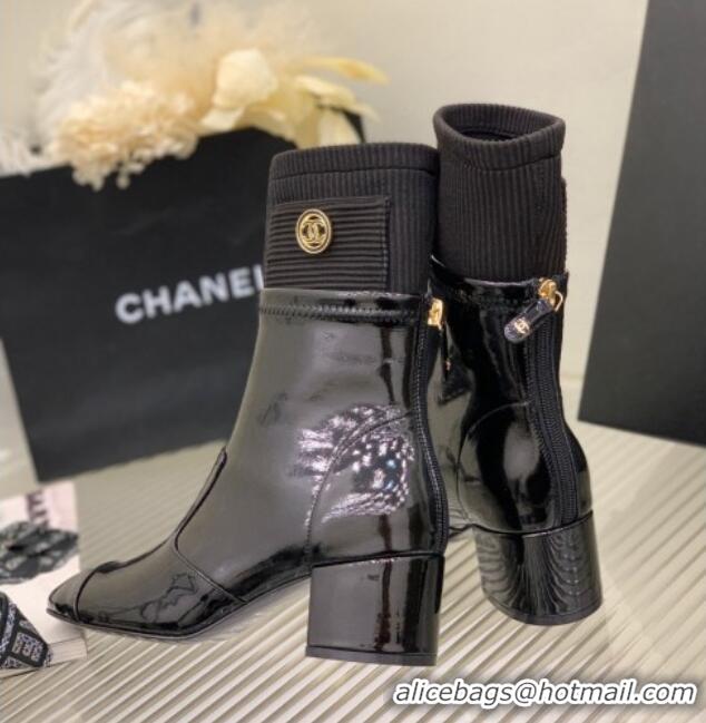 Top Design Chanel Patent Calfskin and Knit Ankle Boots Black 110399