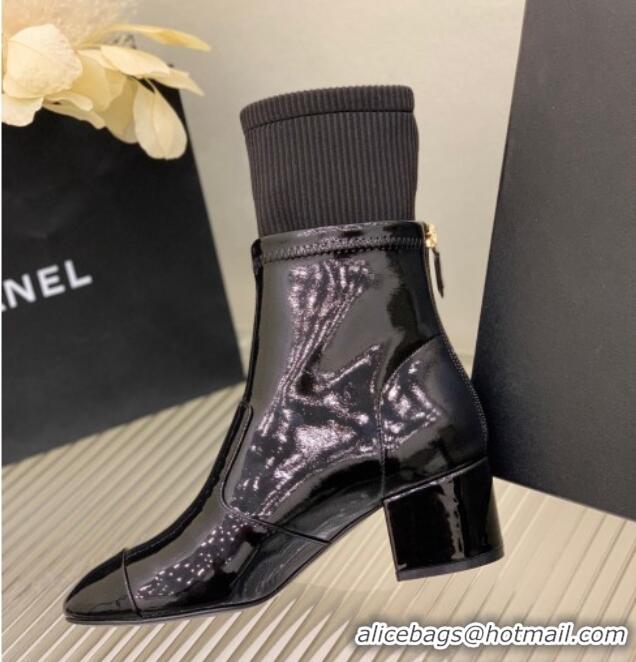 Top Design Chanel Patent Calfskin and Knit Ankle Boots Black 110399