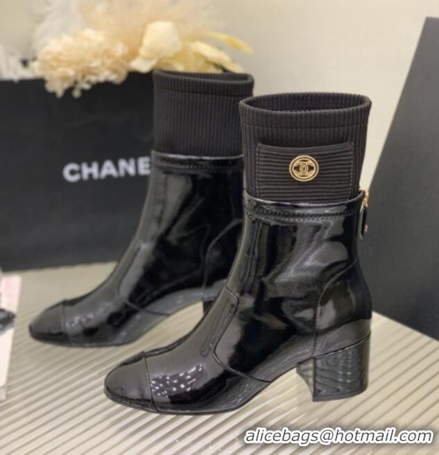 Top Design Chanel Patent Calfskin and Knit Ankle Boots Black 110399