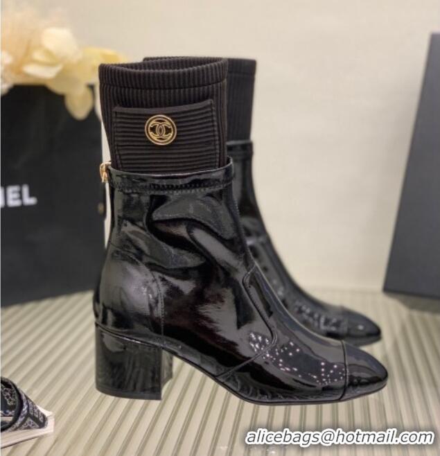 Top Design Chanel Patent Calfskin and Knit Ankle Boots Black 110399