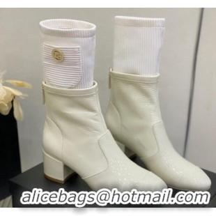 Good Quality Chanel Patent Calfskin and Knit Ankle Boots White 103100