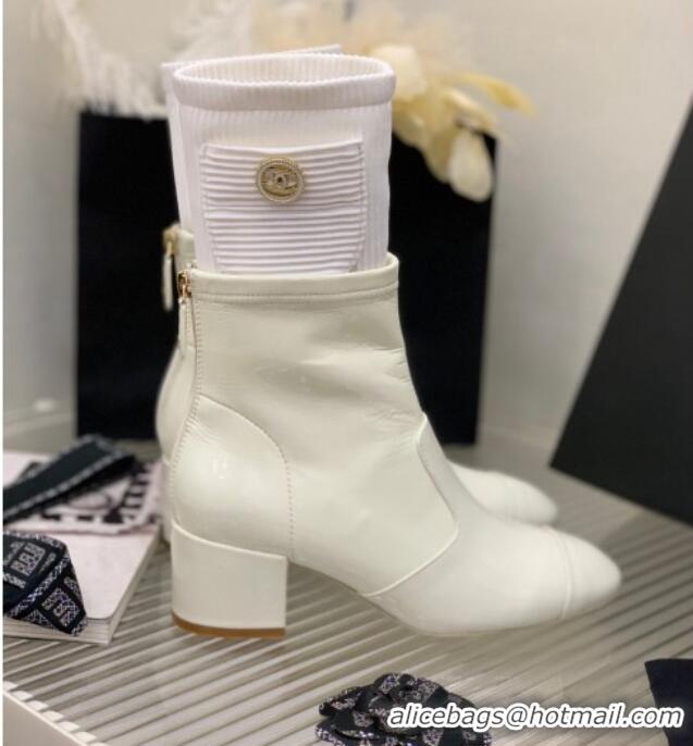 Good Quality Chanel Patent Calfskin and Knit Ankle Boots White 103100