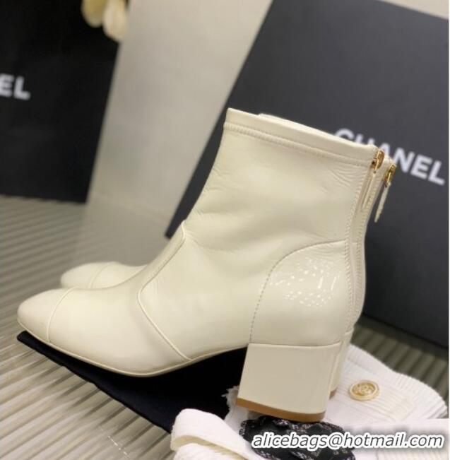 Good Quality Chanel Patent Calfskin and Knit Ankle Boots White 103100