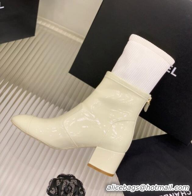 Good Quality Chanel Patent Calfskin and Knit Ankle Boots White 103100