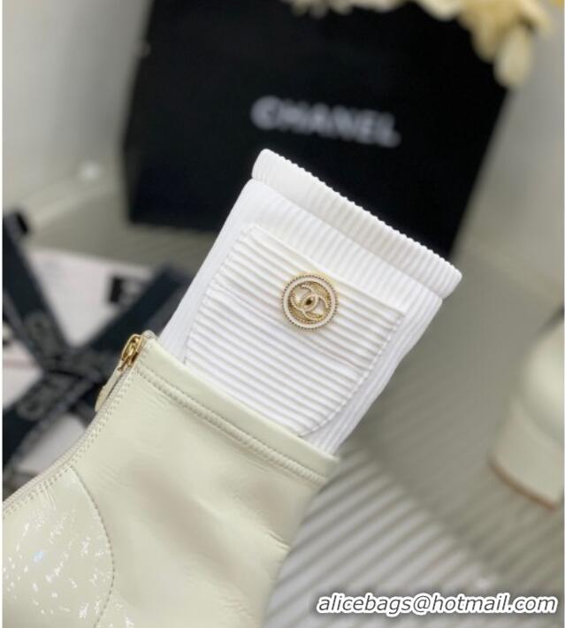 Good Quality Chanel Patent Calfskin and Knit Ankle Boots White 103100