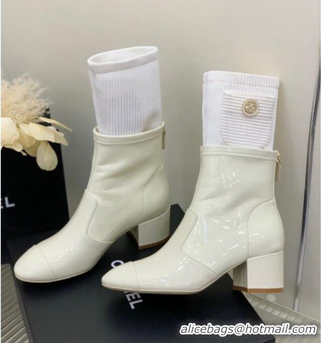 Good Quality Chanel Patent Calfskin and Knit Ankle Boots White 103100