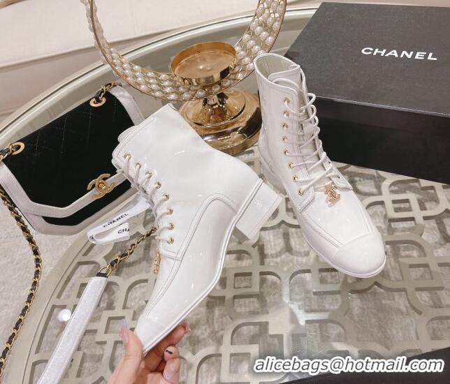 Perfect Chanel Patent Leather Ankle Boots 3cm White 103108