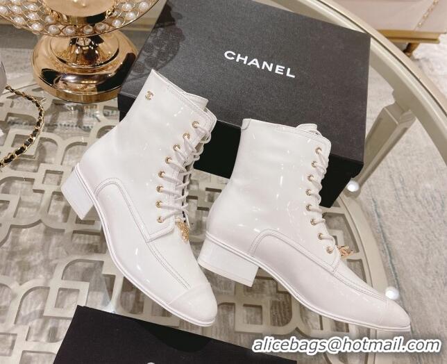 Perfect Chanel Patent Leather Ankle Boots 3cm White 103108