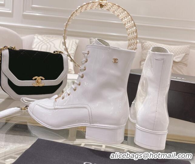 Perfect Chanel Patent Leather Ankle Boots 3cm White 103108