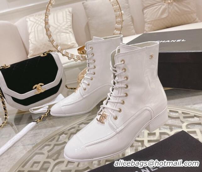 Perfect Chanel Patent Leather Ankle Boots 3cm White 103108