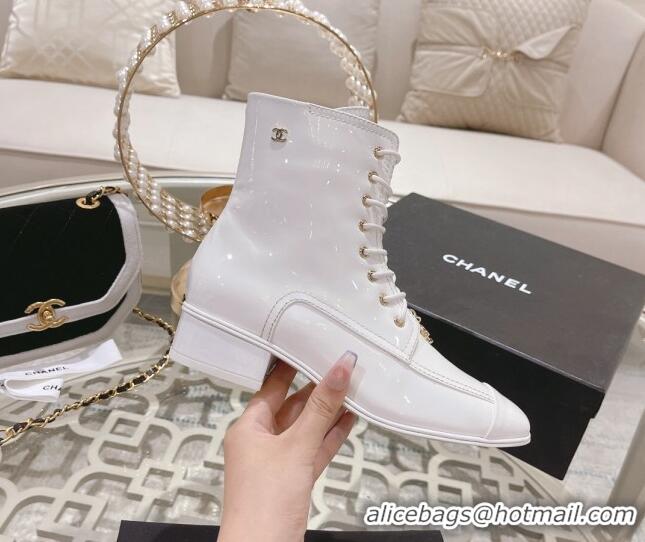 Perfect Chanel Patent Leather Ankle Boots 3cm White 103108