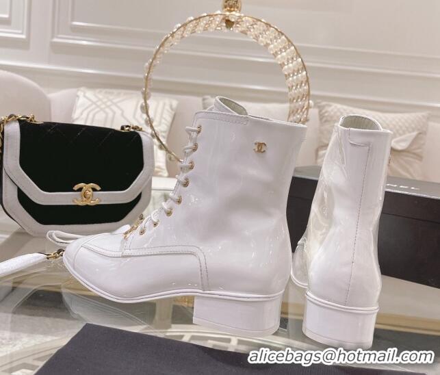 Perfect Chanel Patent Leather Ankle Boots 3cm White 103108