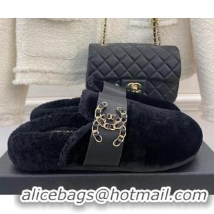 Cheap Price Chanel Shearling Flat Mules with Maxi CC Black 103109