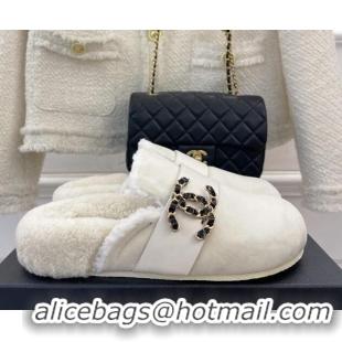 Top Grade Chanel Shearling Flat Mules with Maxi CC White 103110