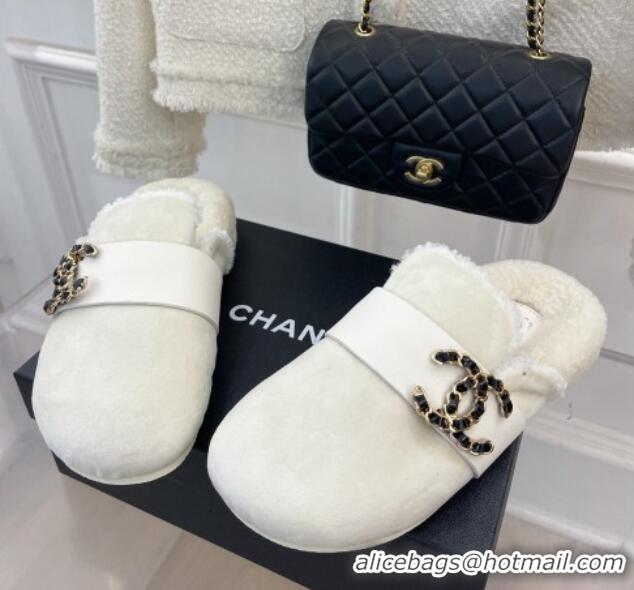 Top Grade Chanel Shearling Flat Mules with Maxi CC White 103110