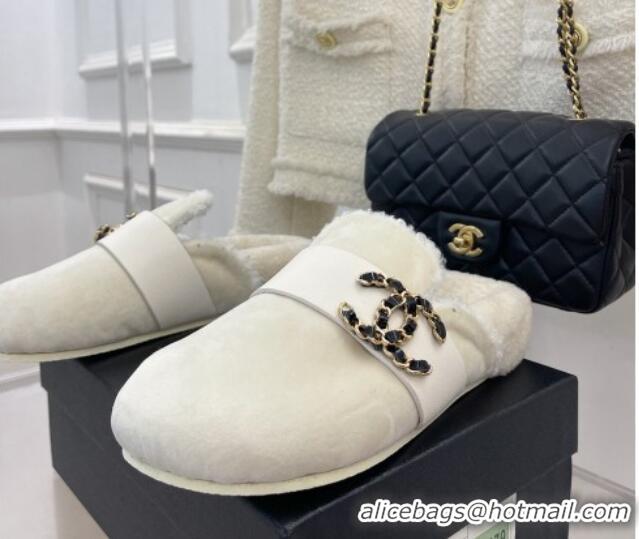 Top Grade Chanel Shearling Flat Mules with Maxi CC White 103110