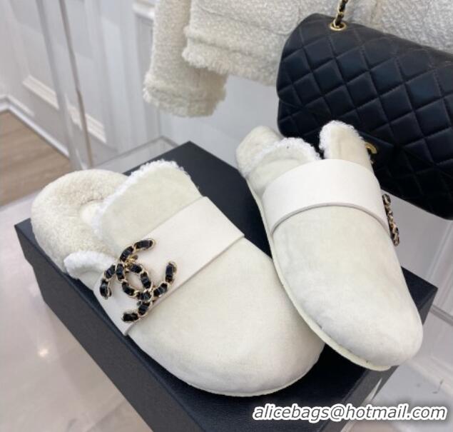 Top Grade Chanel Shearling Flat Mules with Maxi CC White 103110