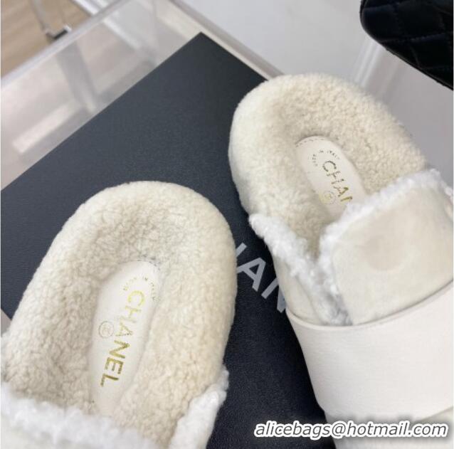 Top Grade Chanel Shearling Flat Mules with Maxi CC White 103110