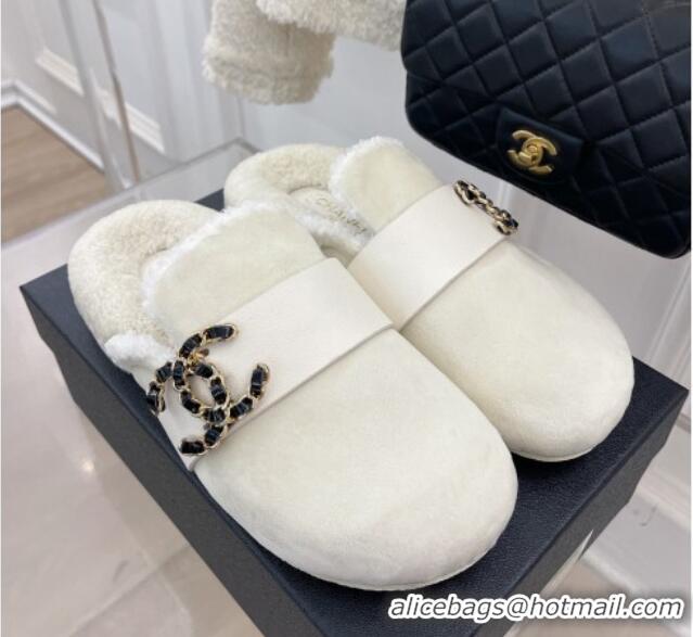 Top Grade Chanel Shearling Flat Mules with Maxi CC White 103110