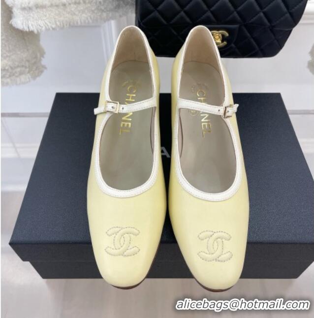 Low Price Chanel Lambskin Mary Janes Pumps Yellow 103112