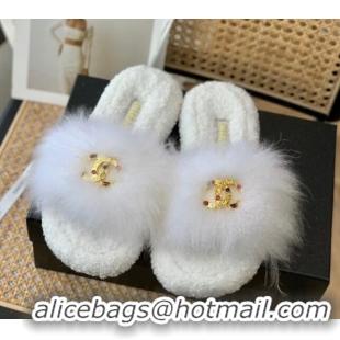 Shop Duplicate Chanel Mink Fur Flat Slide Sandals White 103113