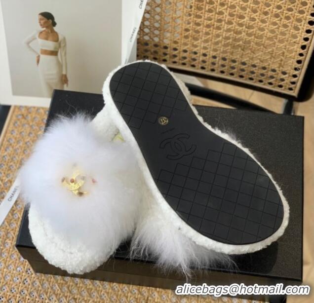 Shop Duplicate Chanel Mink Fur Flat Slide Sandals White 103113