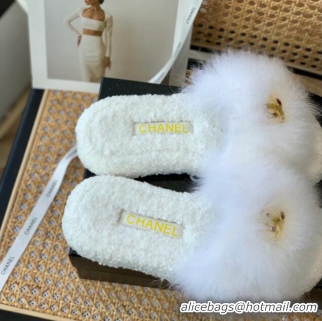 Shop Duplicate Chanel Mink Fur Flat Slide Sandals White 103113