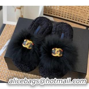 Popular Style Chanel Mink Fur Flat Slide Sandals Black 103114