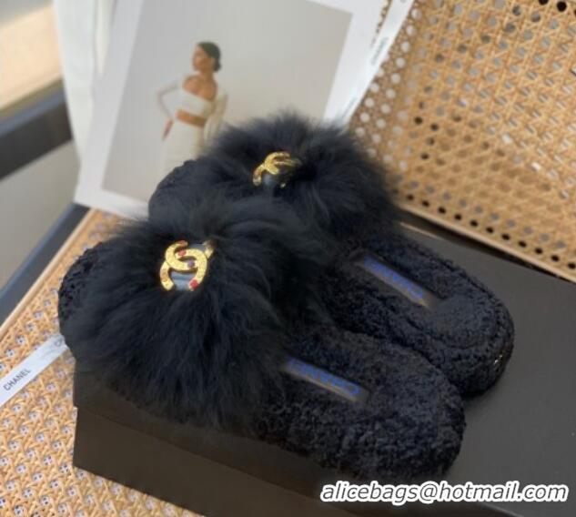 Popular Style Chanel Mink Fur Flat Slide Sandals Black 103114