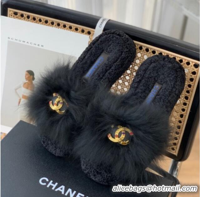 Popular Style Chanel Mink Fur Flat Slide Sandals Black 103114