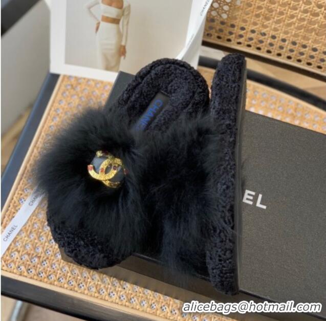 Popular Style Chanel Mink Fur Flat Slide Sandals Black 103114