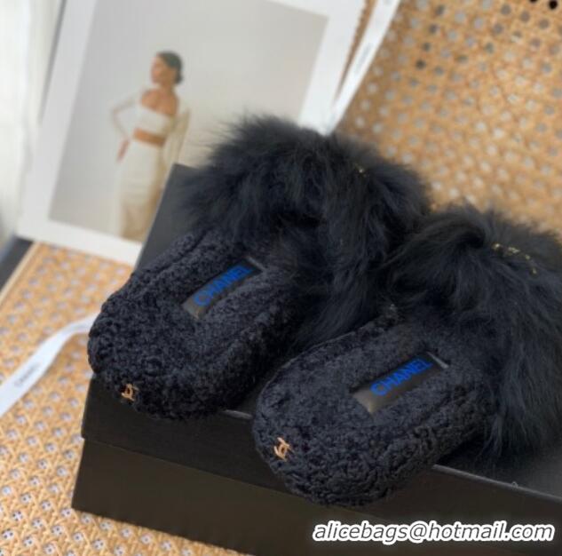 Popular Style Chanel Mink Fur Flat Slide Sandals Black 103114