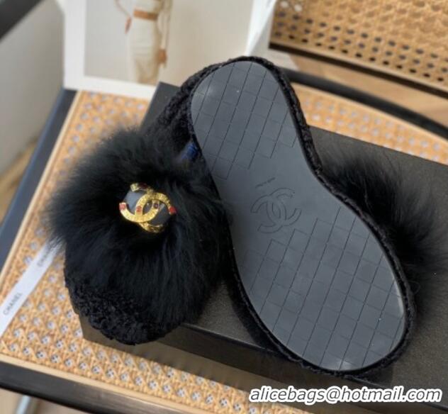 Popular Style Chanel Mink Fur Flat Slide Sandals Black 103114