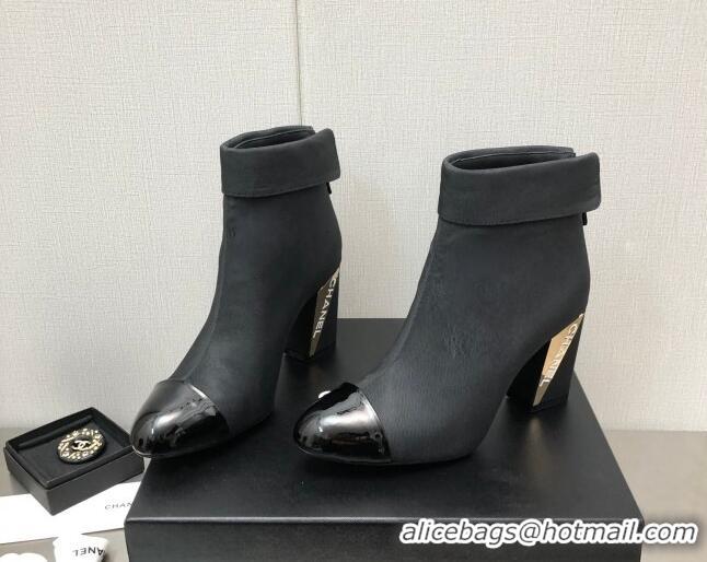 Durable Chanel Grosgrain Fabric Ankle Boots with Metal Heel Black 103117