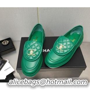 Discount Chanel Lambskin Loafers with CC Foldover Green 103118