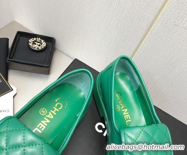 Discount Chanel Lambskin Loafers with CC Foldover Green 103118