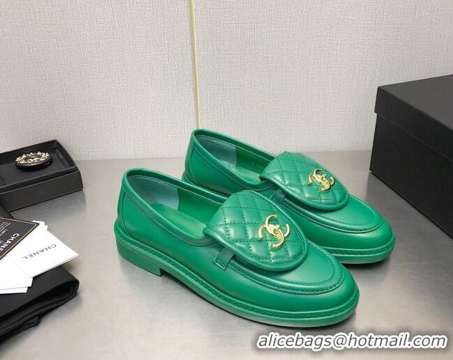 Discount Chanel Lambskin Loafers with CC Foldover Green 103118