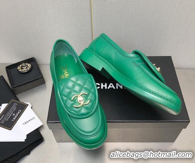 Discount Chanel Lambskin Loafers with CC Foldover Green 103118