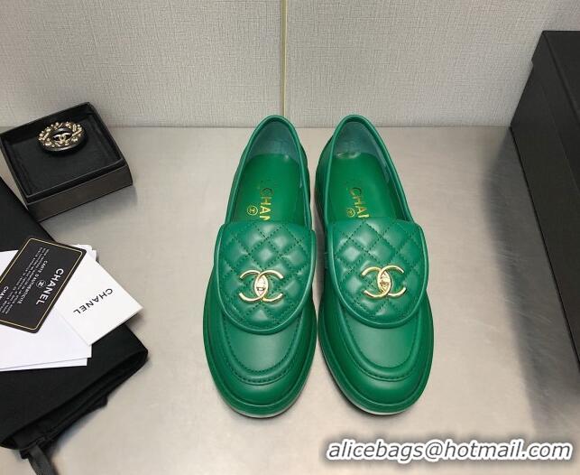 Discount Chanel Lambskin Loafers with CC Foldover Green 103118