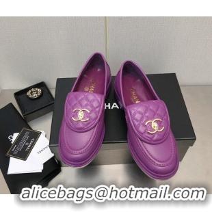 Grade Quality Chanel Lambskin Loafers with CC Foldover Purple 103120