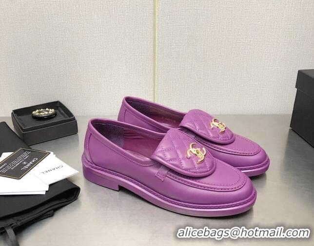 Grade Quality Chanel Lambskin Loafers with CC Foldover Purple 103120