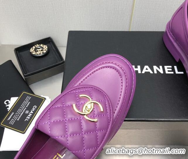 Grade Quality Chanel Lambskin Loafers with CC Foldover Purple 103120