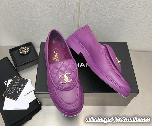 Grade Quality Chanel Lambskin Loafers with CC Foldover Purple 103120