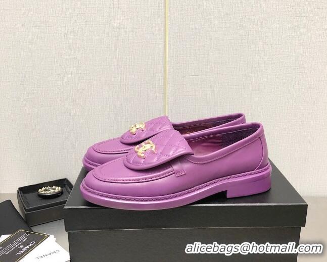 Grade Quality Chanel Lambskin Loafers with CC Foldover Purple 103120